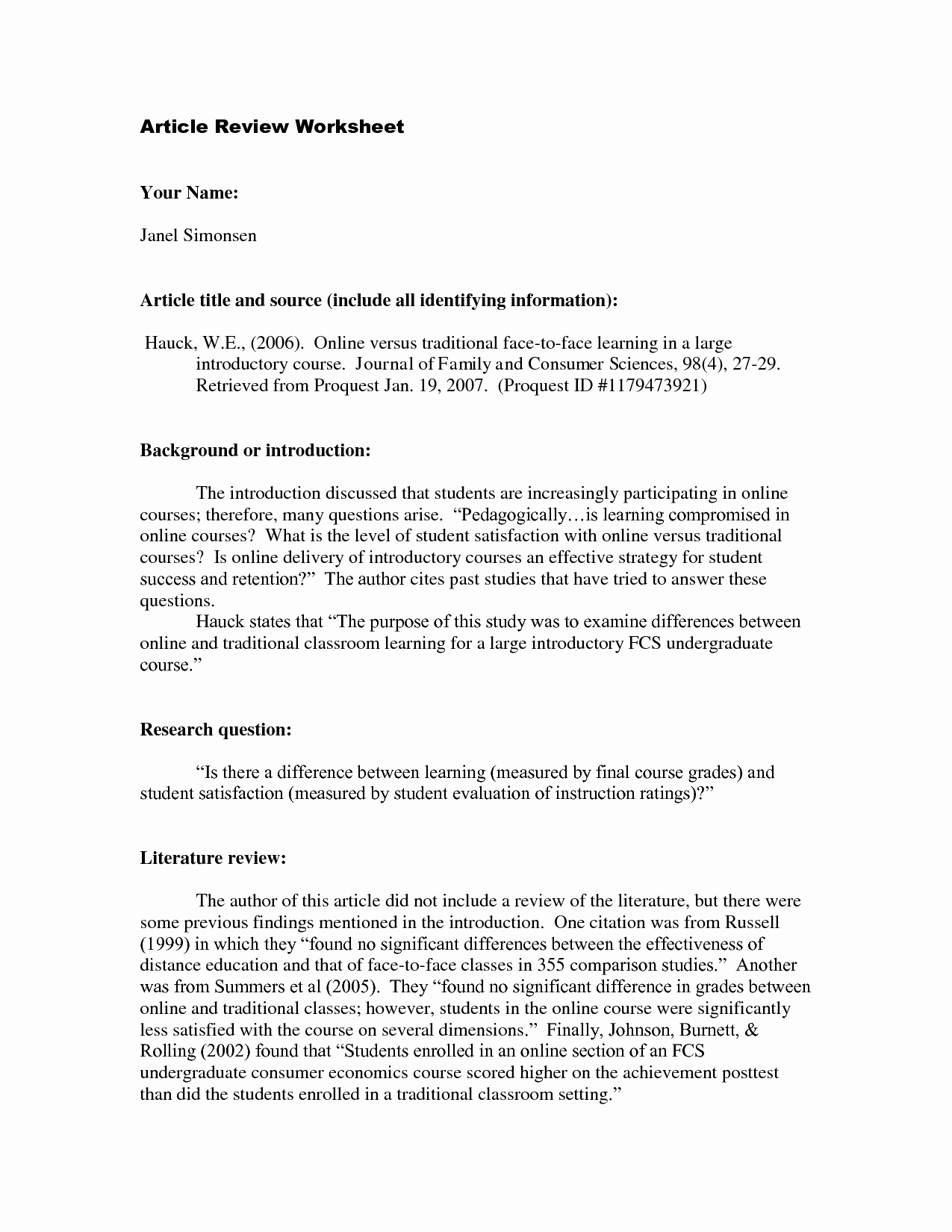 Journal Article Summary Example Beautiful Article Review Template