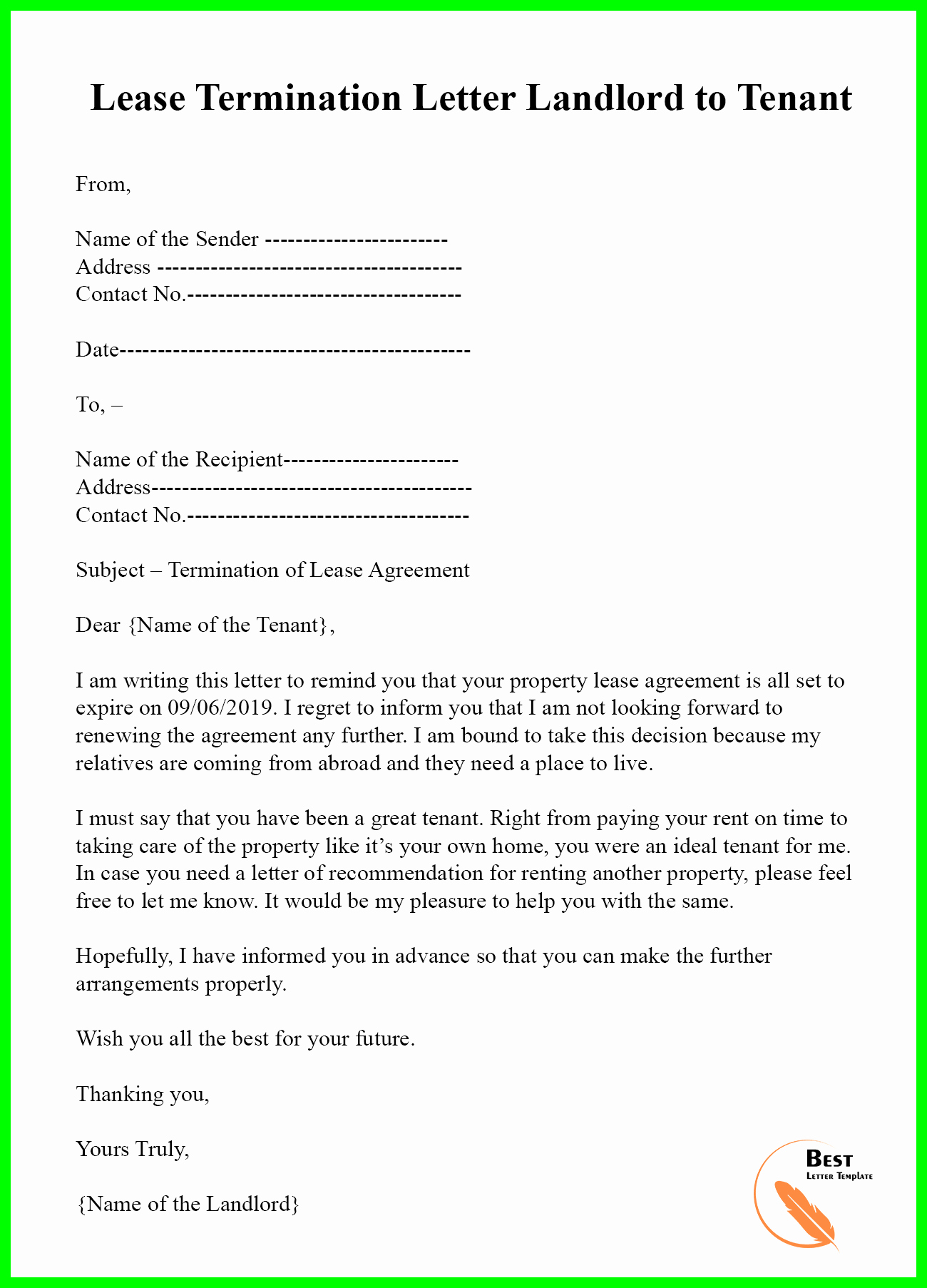 Landlord Lease Termination Letter Fresh Lease Termination Letter Template – format Sample &amp; Example