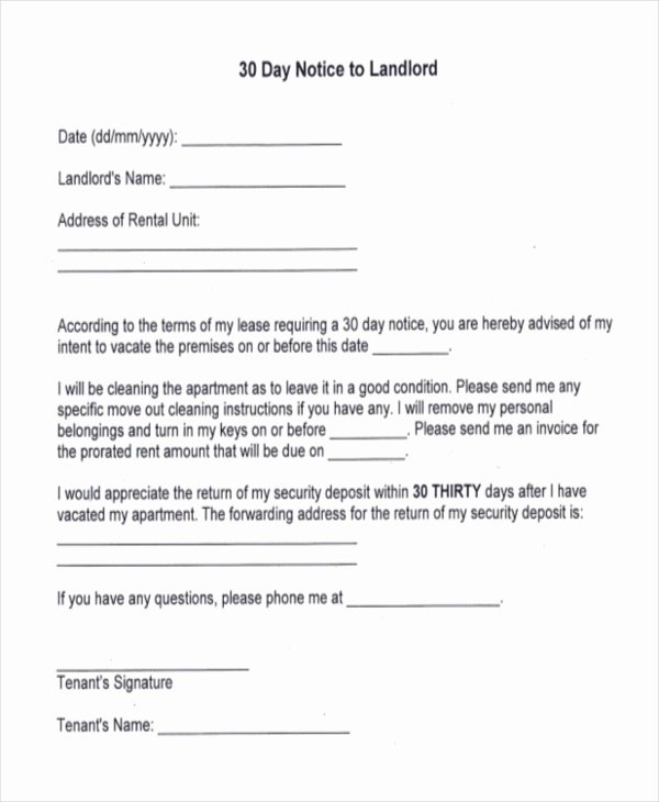 Landlord Letter to Vacate New Free 8 Sample 30 Day Notice to Landlord forms In Pdf
