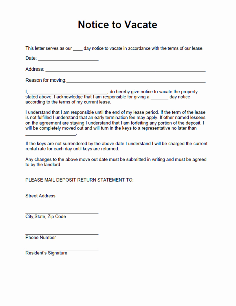 Landlord Notice to Vacate Premises Beautiful Notice to Vacate form Free form for A Residential