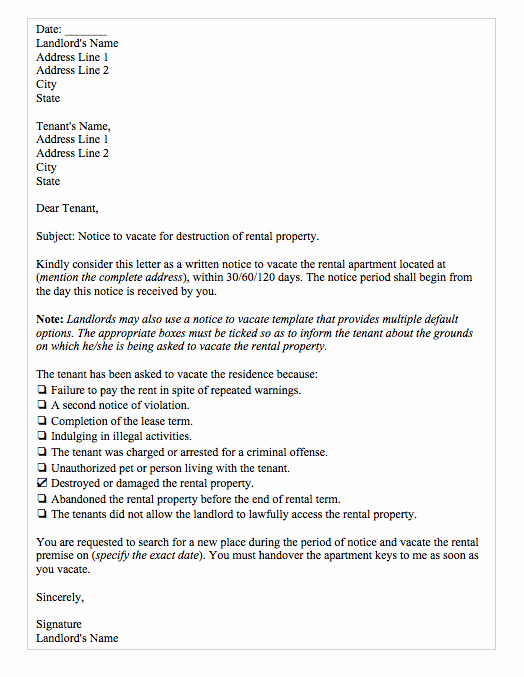 Landlord Notice to Vacate Premises Inspirational Sample Letter From Landlord to Tenant Notice to Vacate