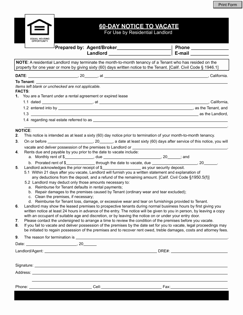 Landlord Notice to Vacate Premises Lovely California Lease Termination Letter form