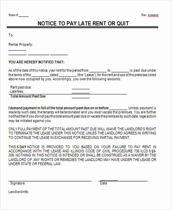 Late Notice for Rent Letter Lovely Notice form Example