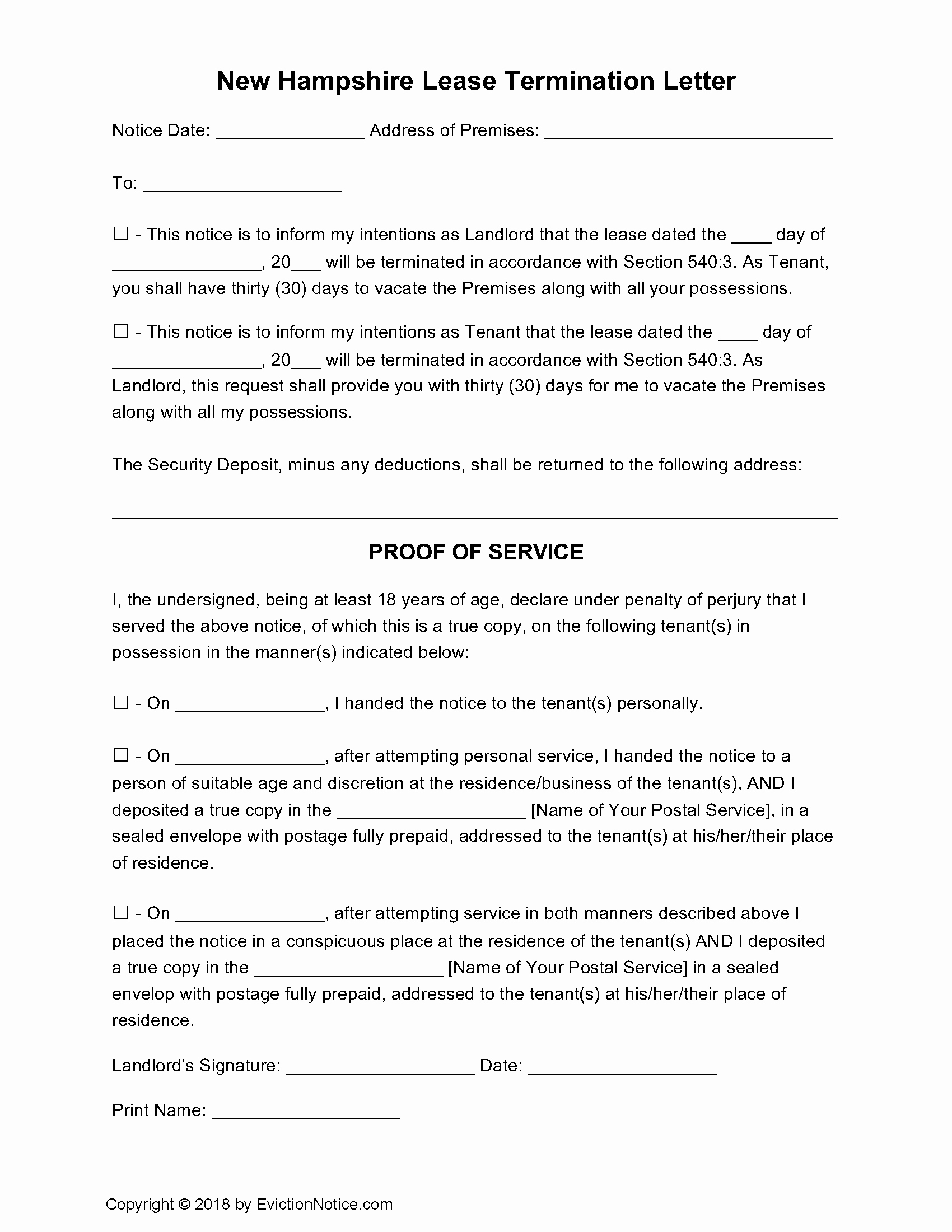 Lease Termination Notice to Tenant Inspirational Free New Hampshire 30 Day Lease Termination Letter