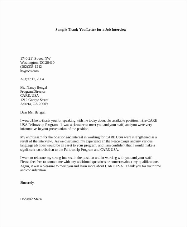 Letter after An Interview Elegant Sample Interview Thank You Letter 6 Documents In Pdf Word