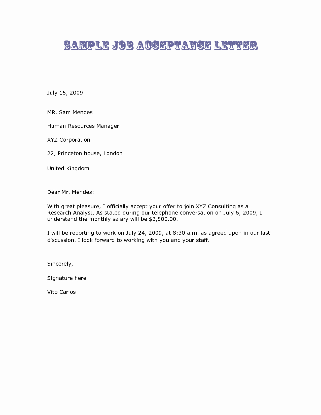 Letter for A Job Awesome Job Acceptance Letter