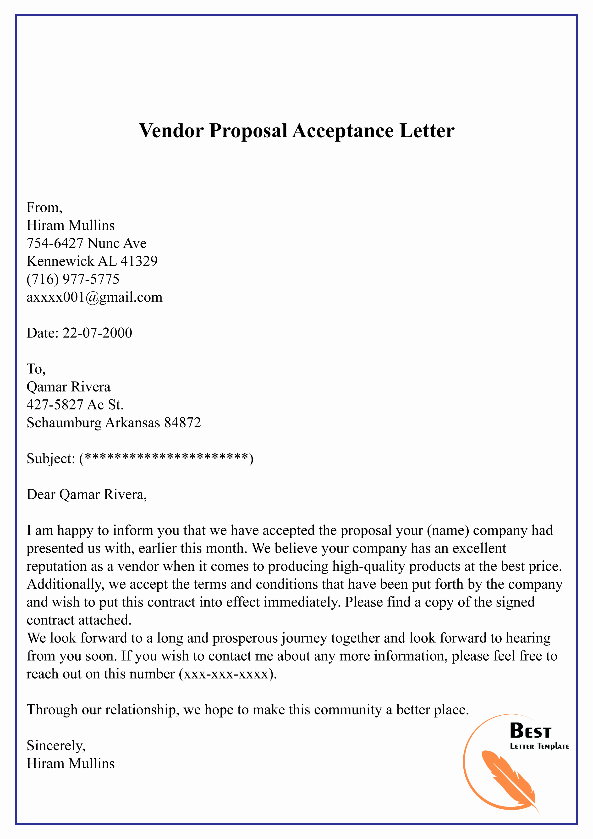 Letter Of Acceptance Contract Elegant Proposal &amp; Contract Acceptance Letter– format Sample