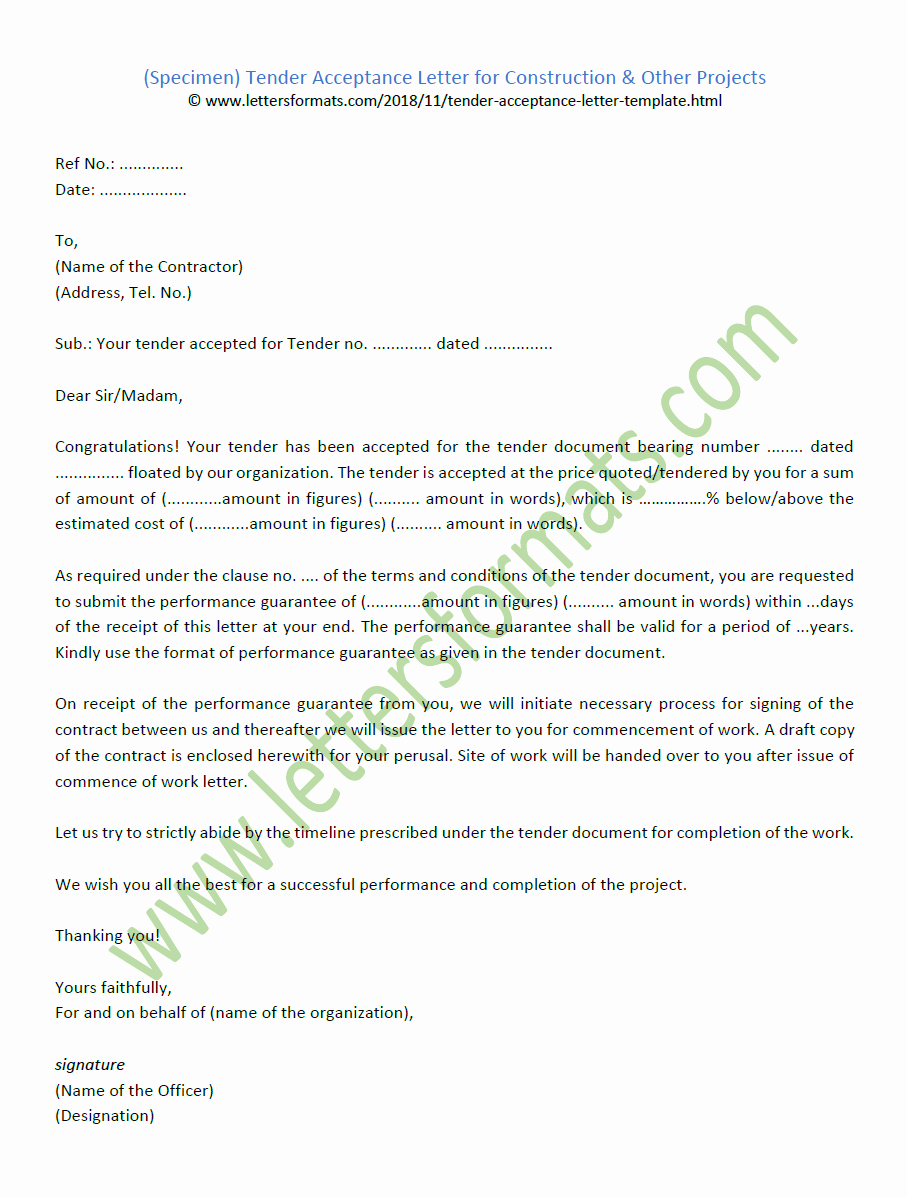 Letter Of Acceptance Contract Elegant Tender Acceptance Letter for Construction &amp; Other Projects