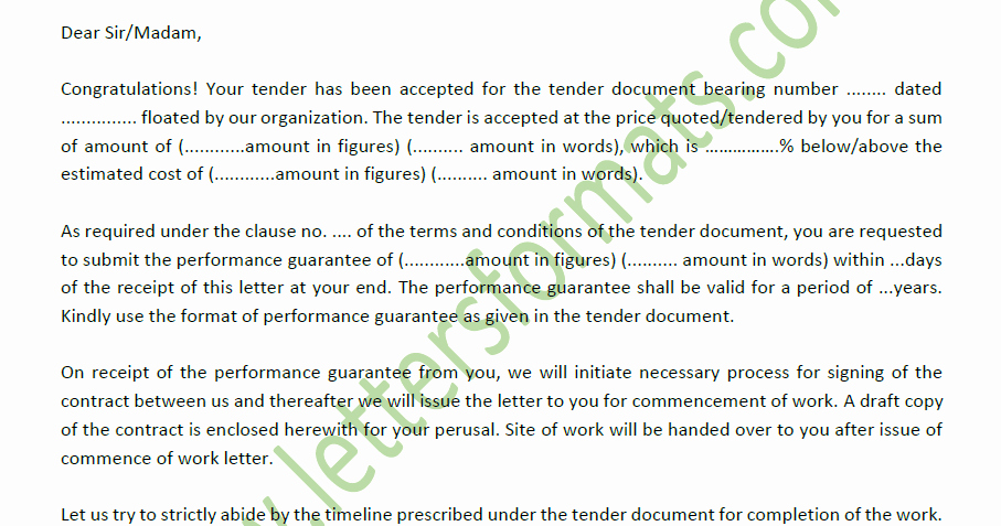Letter Of Acceptance Contract Luxury Tender Acceptance Letter for Construction &amp; Other Projects