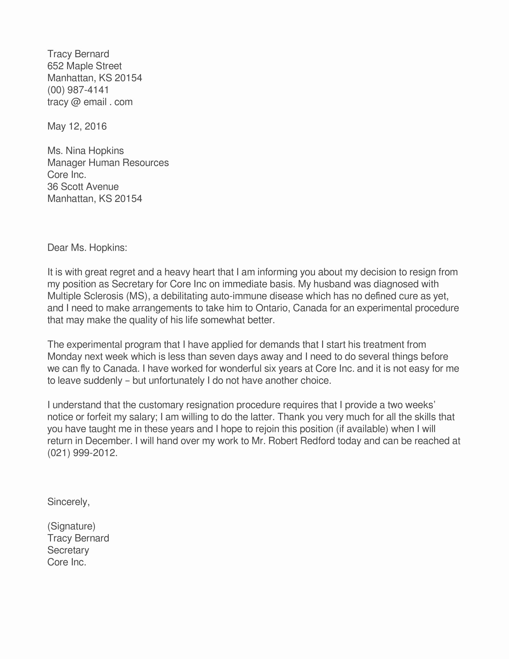 Letter Of Immediate Resignation Elegant 12 13 Resignation Letter Sample Ontario