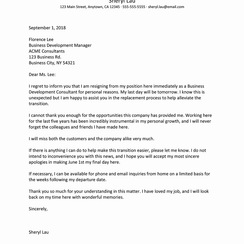 Letter Of Immediate Resignation Fresh Immediate Resignation Letter Examples