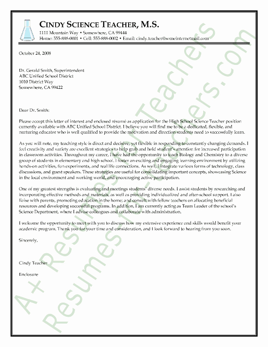 Letter Of Interest Teacher Best Of Science Teacher Cover Letter Sample