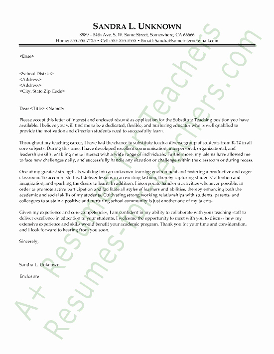 Letter Of Interest Teacher Lovely Substitute Teacher Cover Letter Sample
