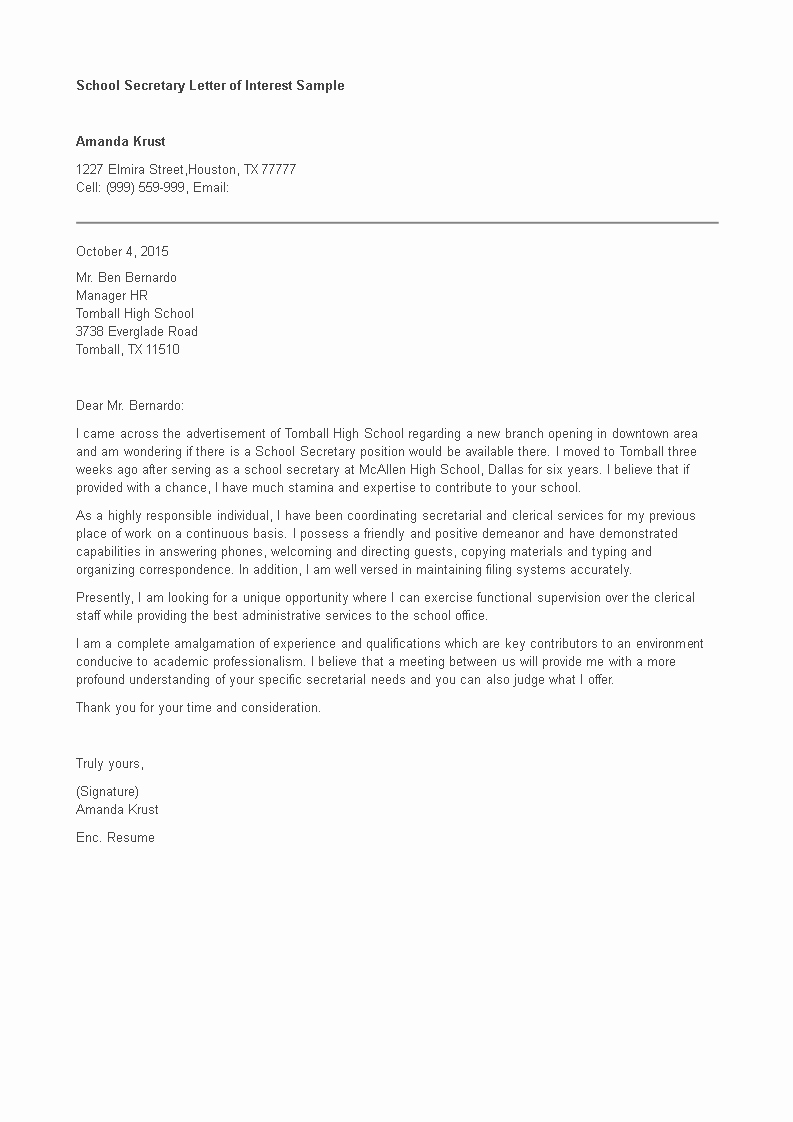 Letter Of Interest Template Word Elegant Letter Of Interest for School Secretary Position