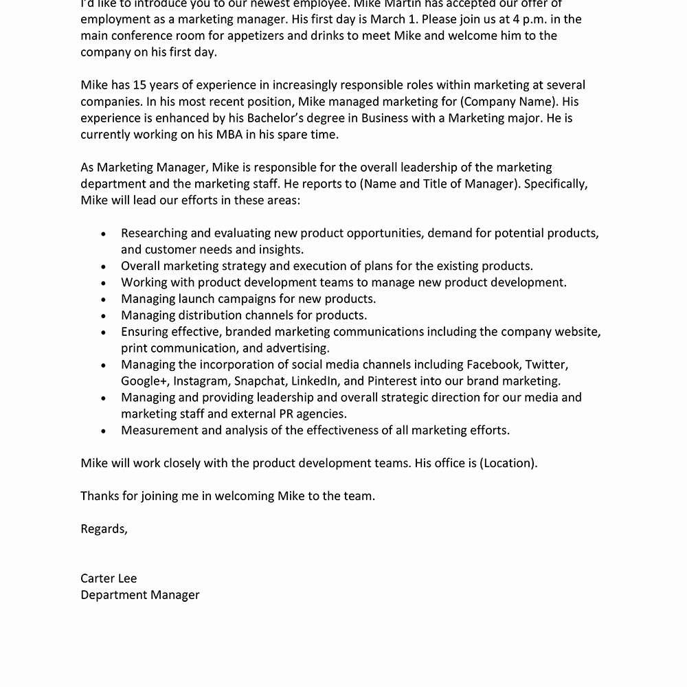 Letter Of Introduction Example Elegant Sample Introduction Letter for A New Employee