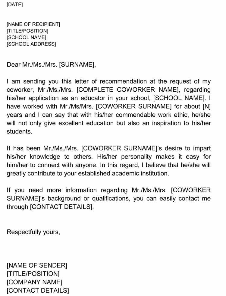 Letter Of Recommendation for Colleague Inspirational Letter Of Re Mendation for Co Worker 18 Sample Letters