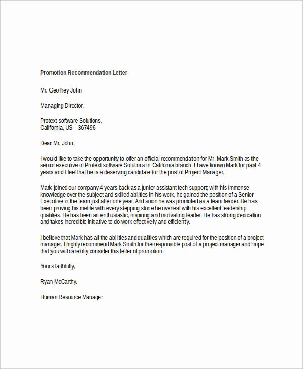 Letter Of Recommendation for Promotion Inspirational 14 Promotion Re Mendation Letters