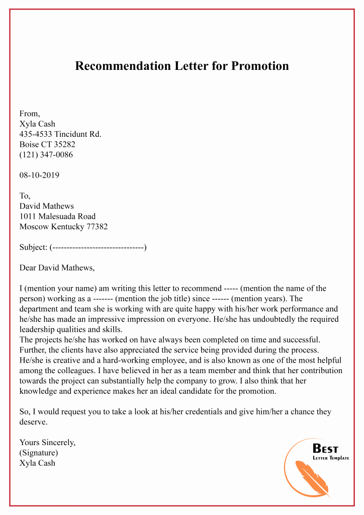 Letter Of Recommendation for Promotion Lovely Re Mendation Letter for Promotion – format Sample &amp; Example