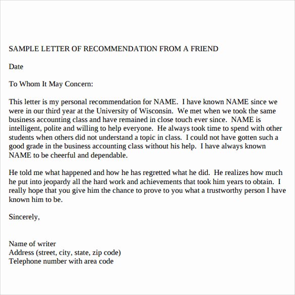 Letter Of Recommendation From Friend Best Of Sample Reference Letters 17 Download Free Documents In
