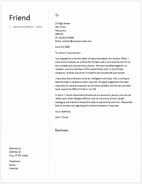 Letter Of Recommendation From Friend Elegant Re Mendation Letter for A Friend – Free Sample Letters