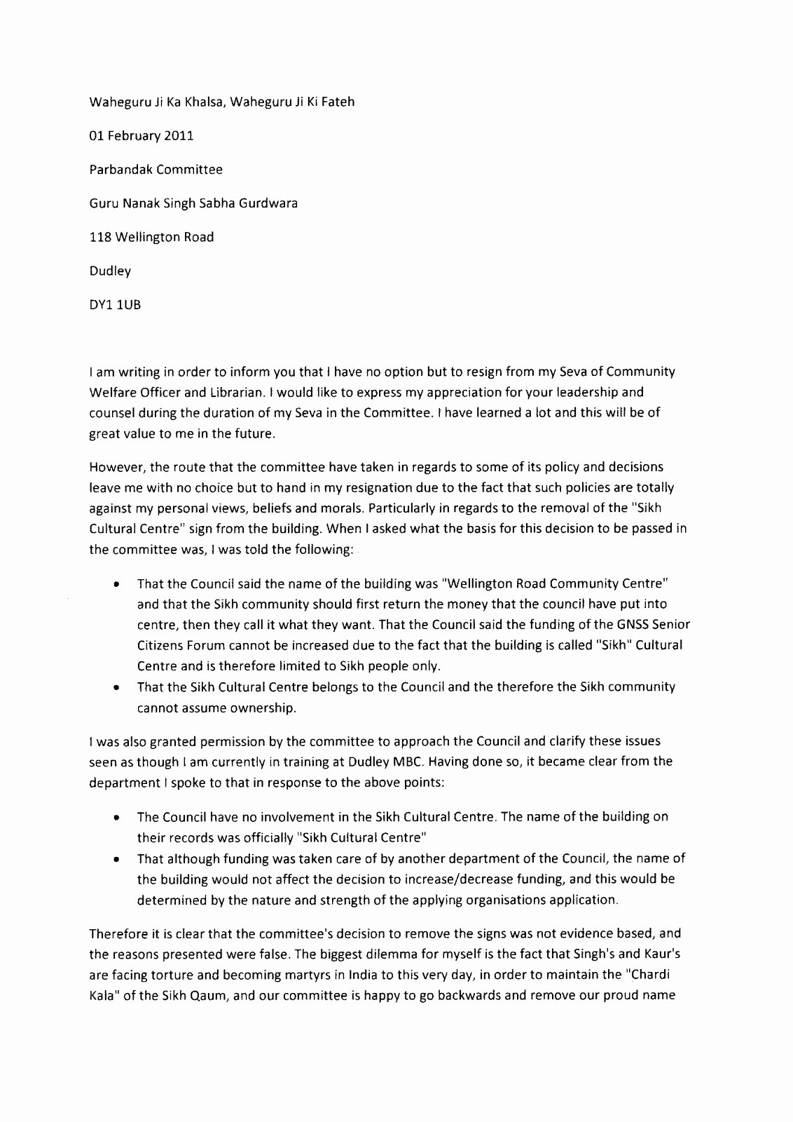 Letter Of Resignation From Committee Fresh Satkaar Campaign Gnss Dudley Gurdwara Mittee