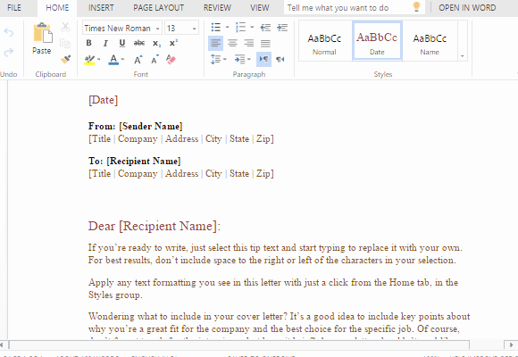 formal business letter template for word