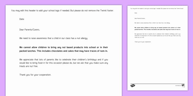Letter to Parents Template Elegant Editable Nut Allergy Letter to Parents Template Nut