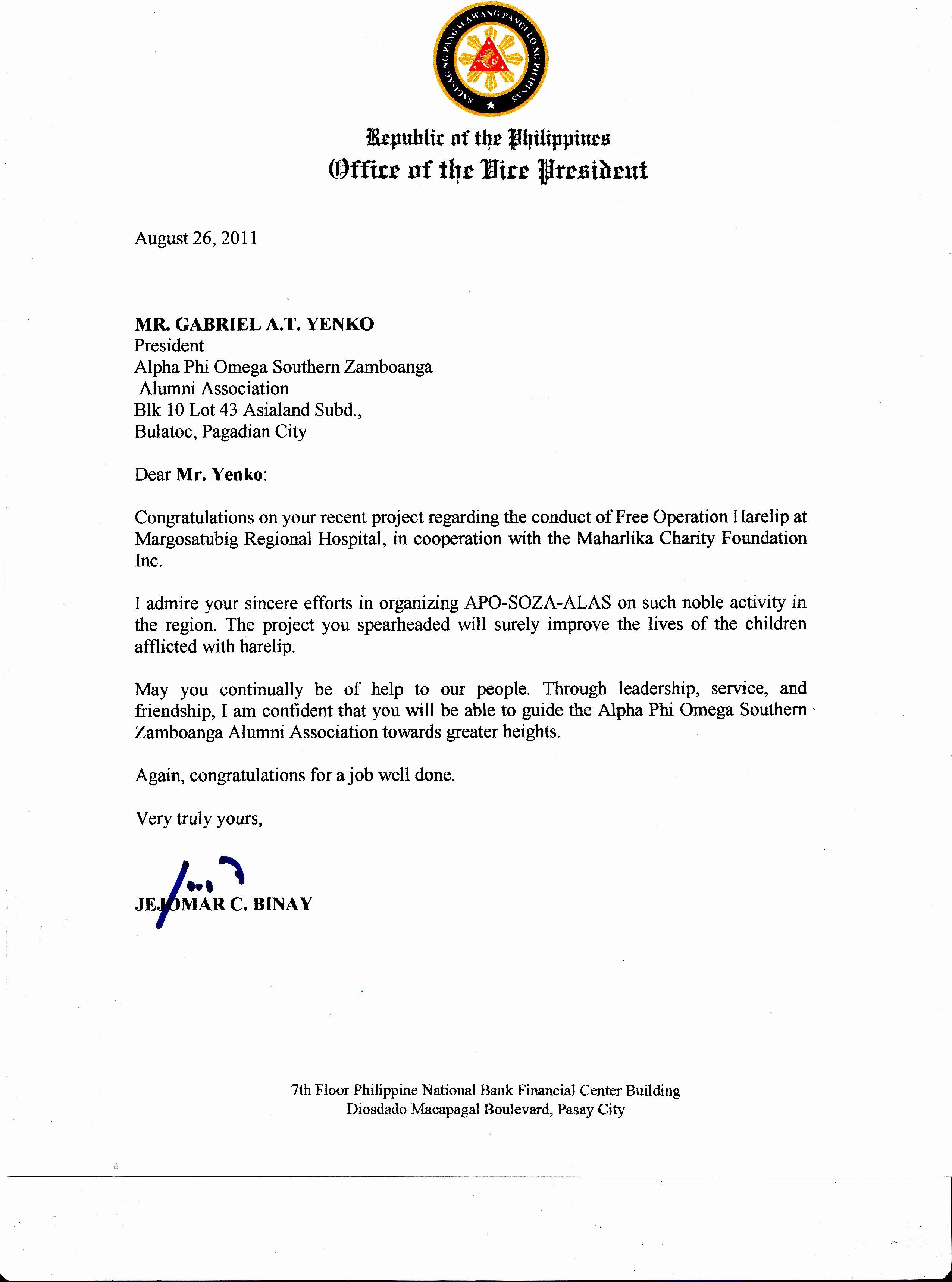 Letters Of Commendation Sample Luxury File Vp Binay Mendation Letter Philippines