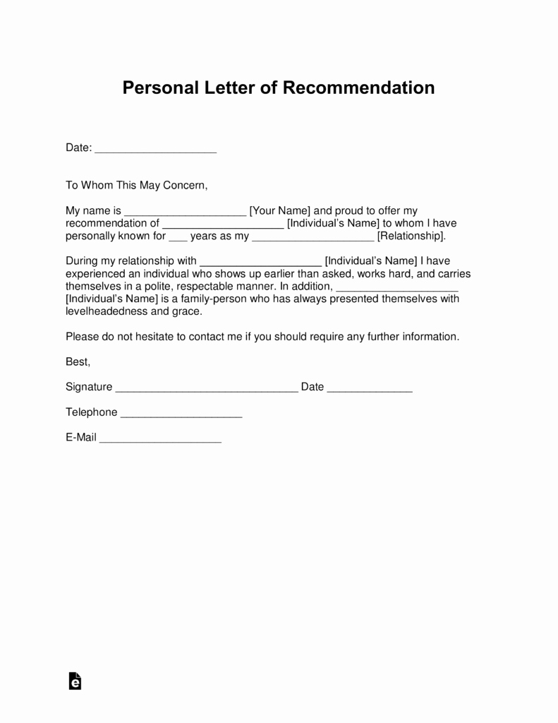 Letters Of Personal Reference Elegant Free Personal Letter Of Re Mendation Template for A