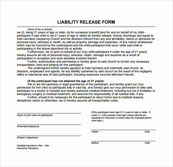Liability Waiver forms Template Elegant Sample Liability Release form Examples 9 Download Free