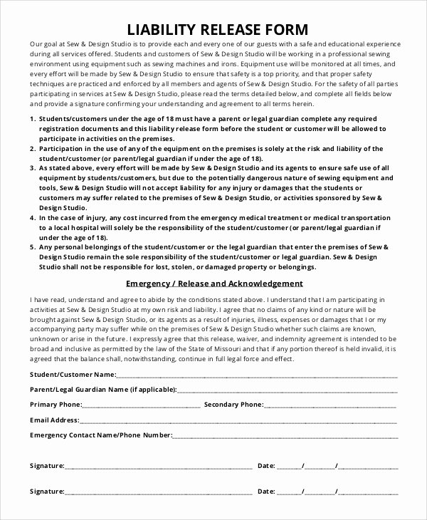 Liability Waiver forms Template Fresh Sample Liability Release form 8 Examples In Pdf Word