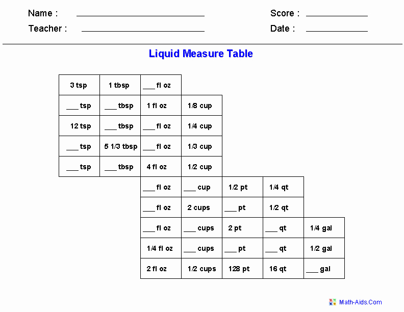 Liquid Measurement Conversion Table New Measurement Worksheets