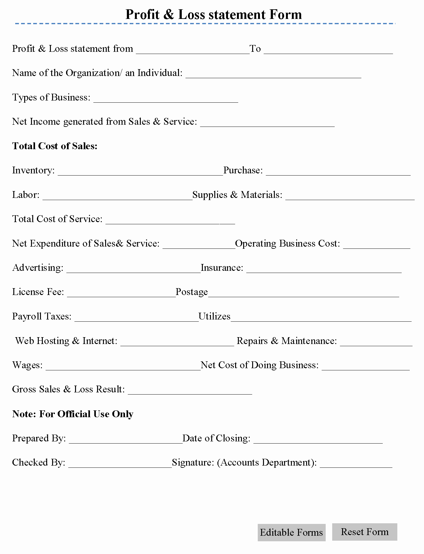 Loss and Profit forms Best Of Profit &amp; Loss Statement form