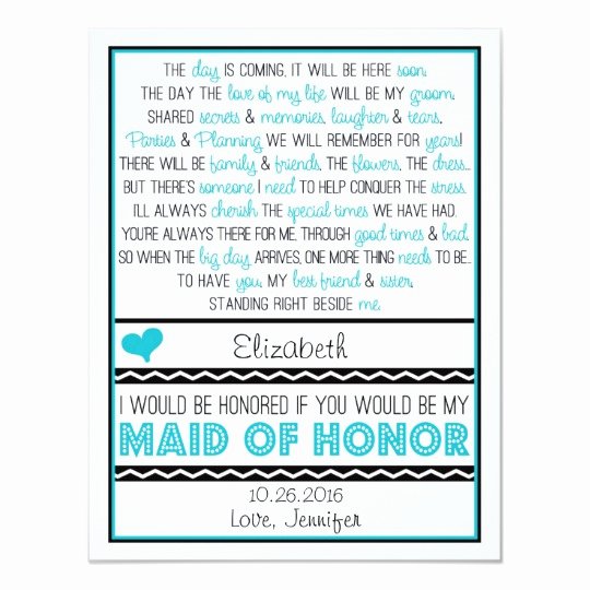 Maid Of Honor Card Template Awesome Will You Be My Maid Of Honor Turquoise Black Poem