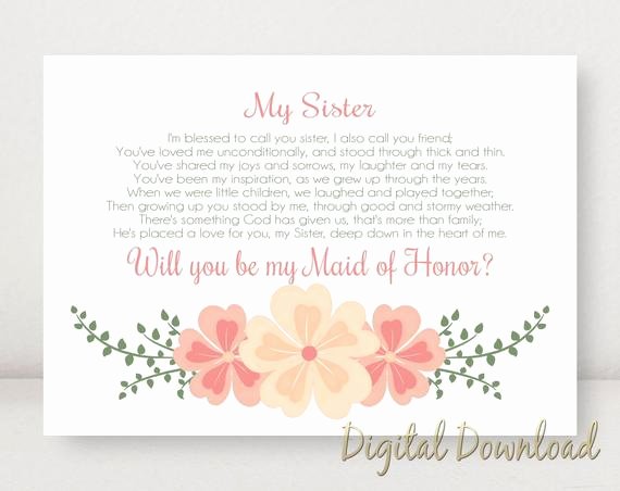 Maid Of Honor Card Template Fresh Sister Will You Be My Maid Of Honor Proposal Wedding Printable