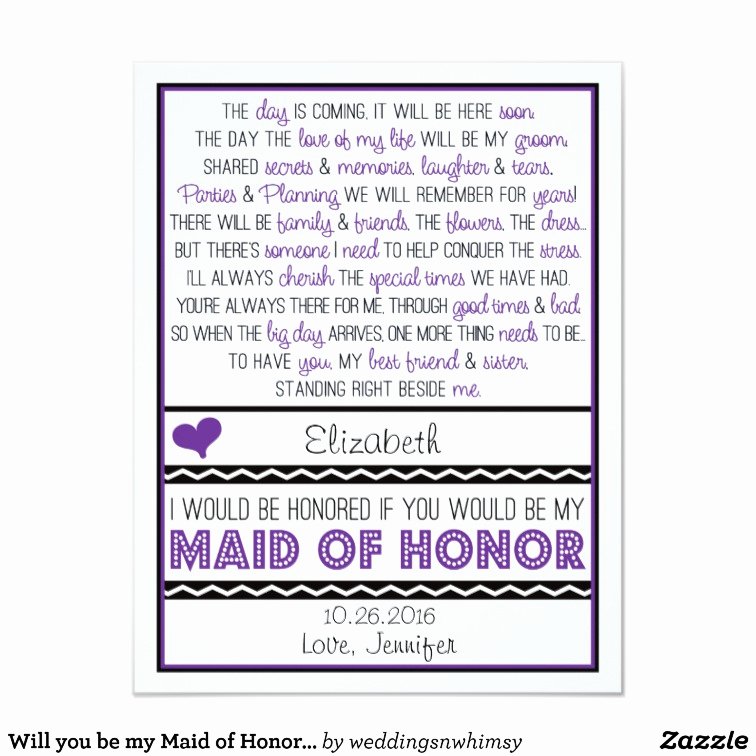 Maid Of Honor Card Template New Will You Be My Maid Of Honor Purple Black Poem Card