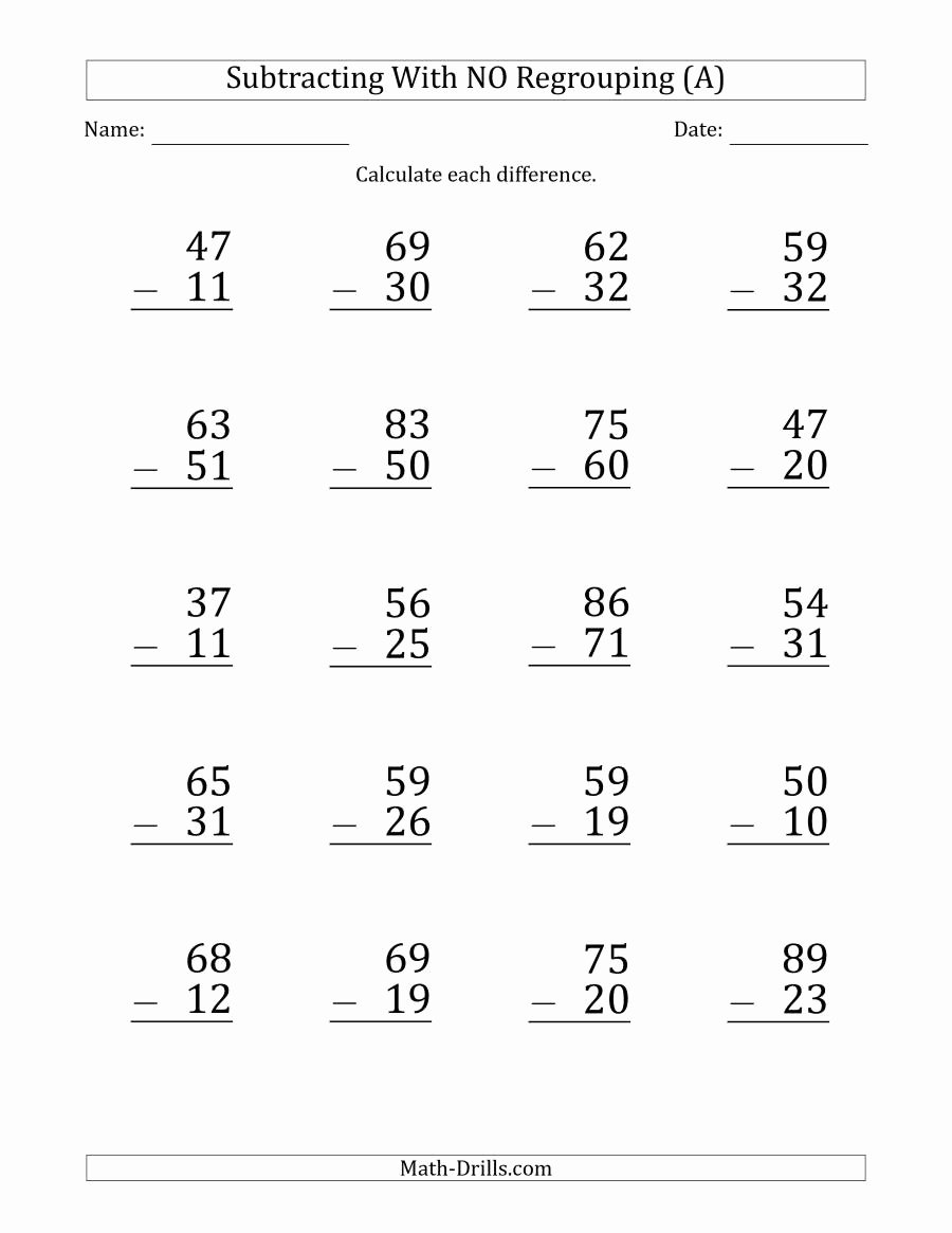 Math Addition and Subtraction Worksheets Beautiful Print 2 Digit Minus 2 Digit Subtraction with No