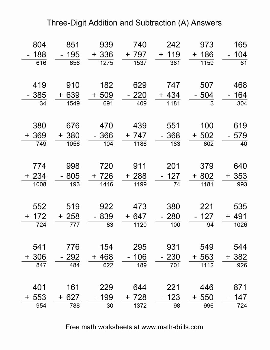 Math Addition and Subtraction Worksheets Elegant Adding and Subtracting Three Digit Numbers A