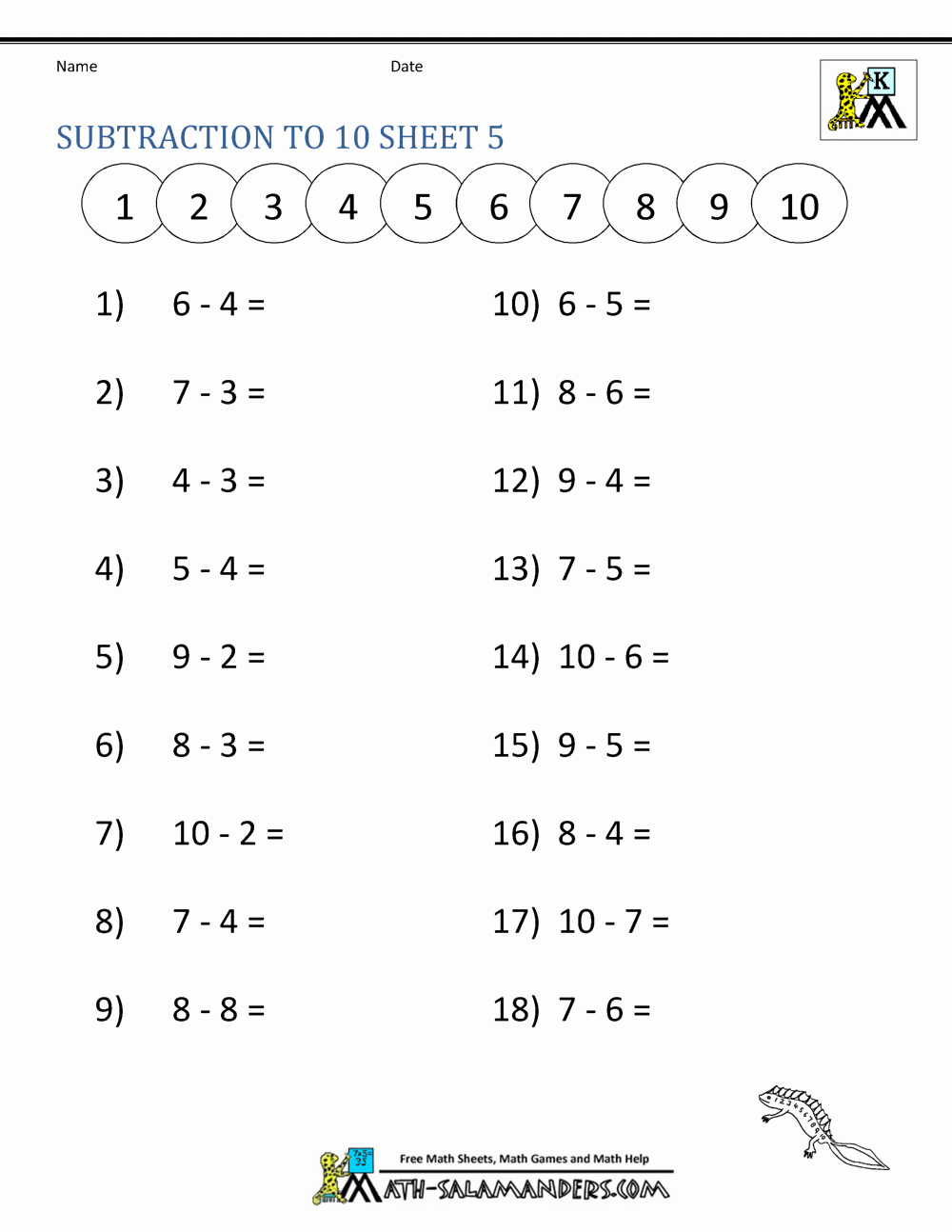 Math Addition and Subtraction Worksheets New Subtraction to 10 Worksheets