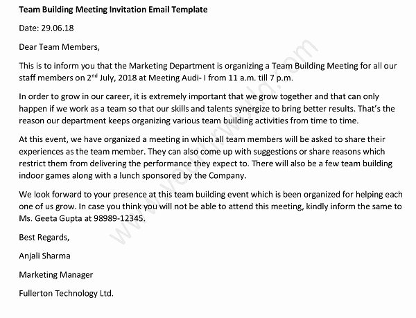 Meeting Invitation Email Sample Inspirational Team Building Meeting Invitation Email Sample