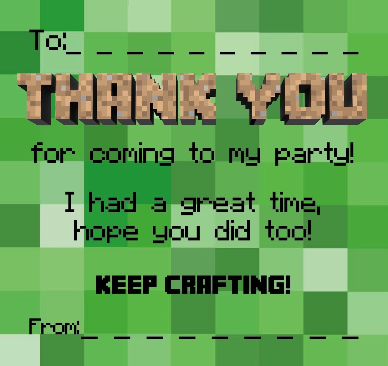 Minecraft Thank You Cards Beautiful Thankyou Cards Notes Minecraft Style Party