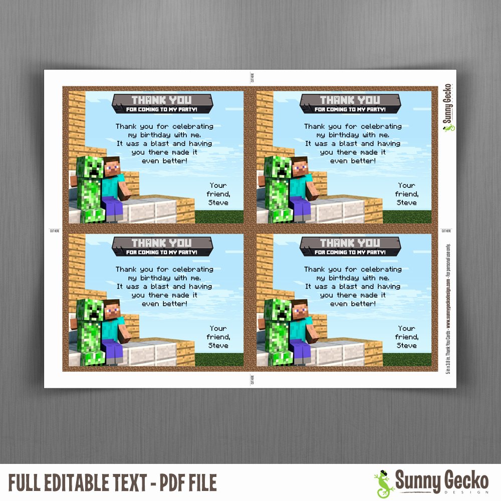 Minecraft Thank You Cards Best Of Minecraft Birthday Thank You Cards Instant Download and