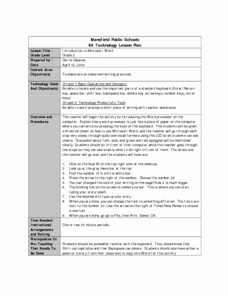 Ms Word Lesson Plan Luxury Introduction to Microsoft Word Lesson Plan for 2nd Grade