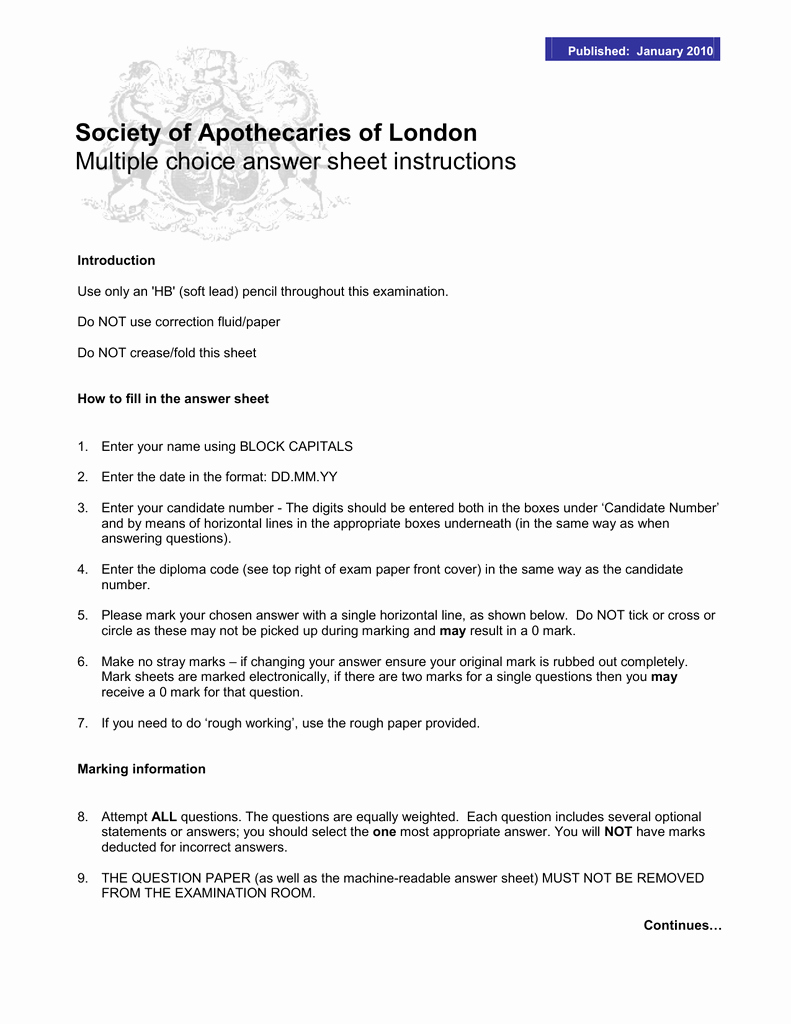 Multiple Choice Answer Sheet New society Of Apothecaries Of London Multiple Choice Answer Sheet