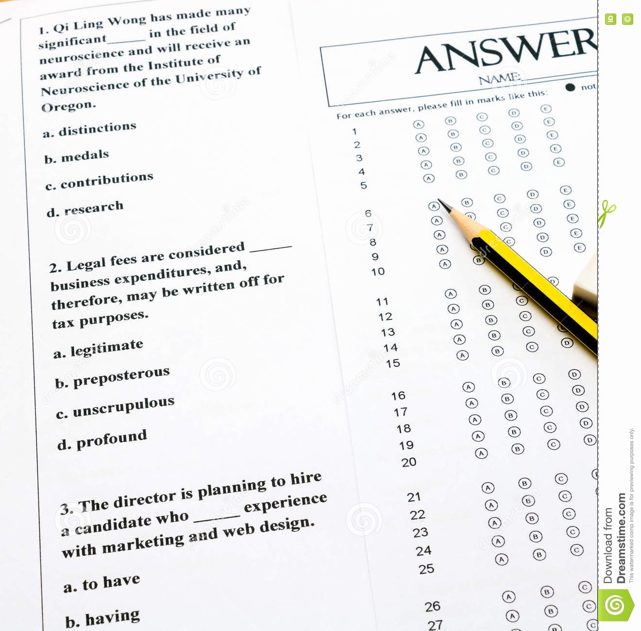 Multiple Choice Answer Sheet Unique English Question and Answer Sheet Table Stock