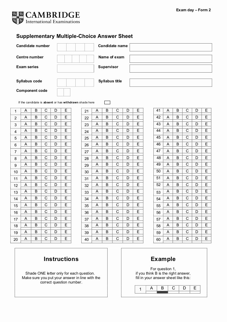 Multiple Choice Answer Sheet Unique Supplementary Multiple Choice Answer Sheet Exam Day form 2