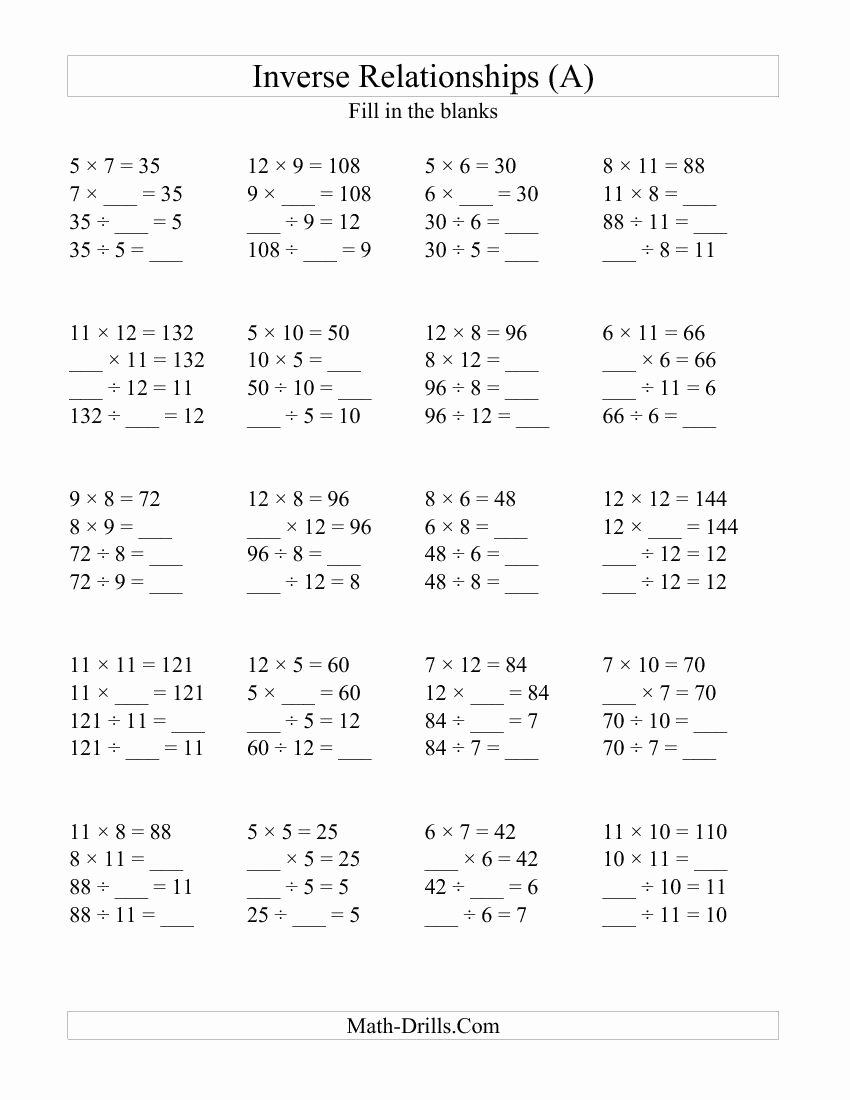 Multiplication and Division Worksheets Elegant Inverse Relationships Multiplication and Division 5 12