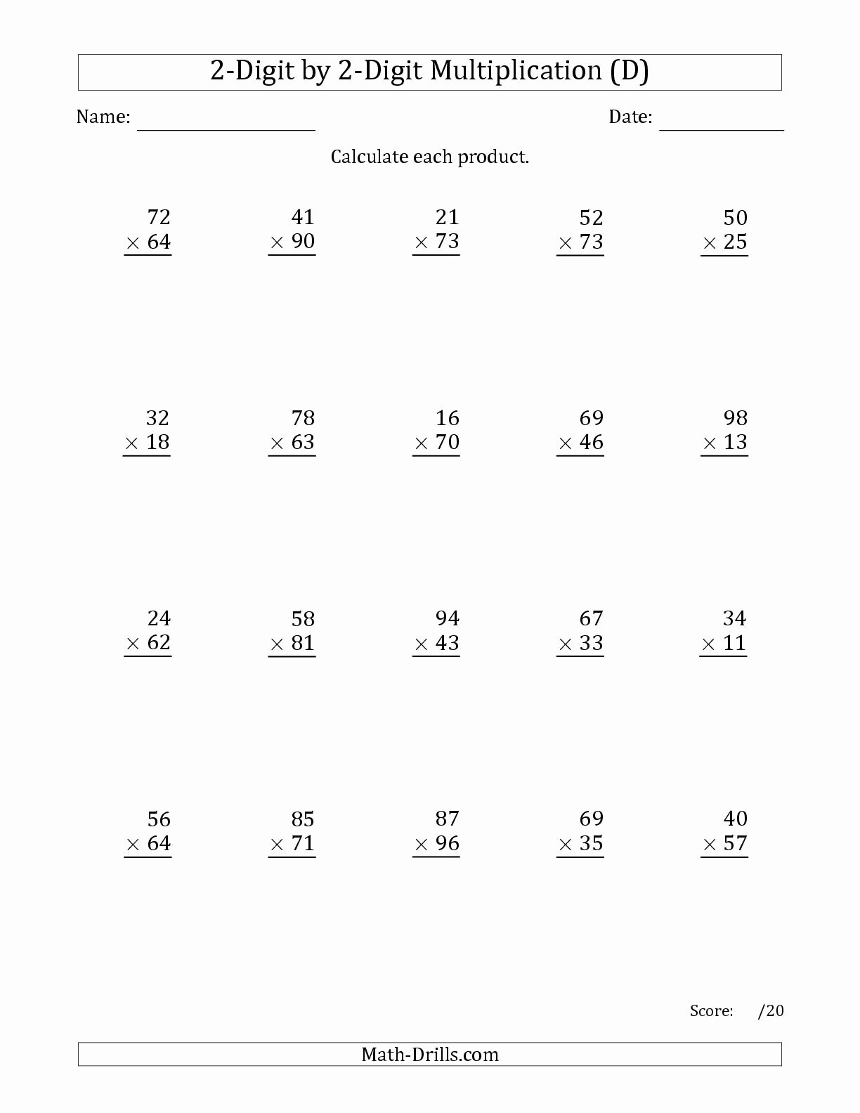 Multiplication and Division Worksheets Lovely the Multiplying 2 Digit by 2 Digit Numbers D Math