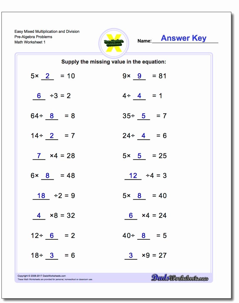 Multiplication and Division Worksheets New Pre Algebra