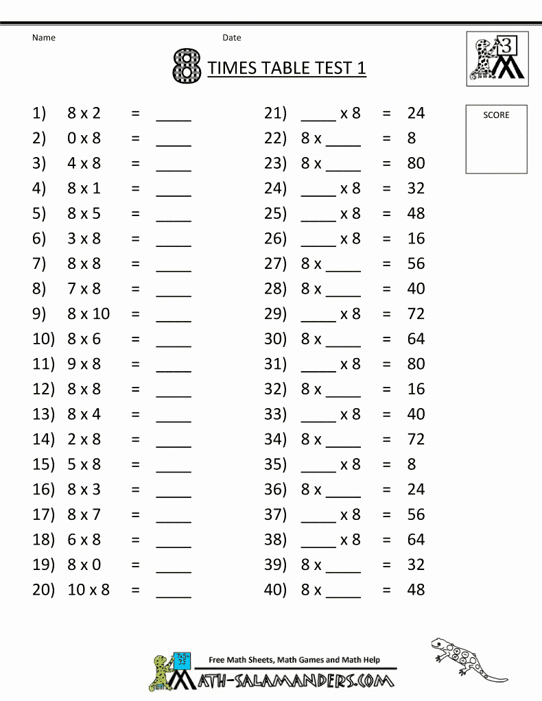 Multiplication Table Worksheet Unique Multiplication Facts Worksheets 8 Times Table Test 1